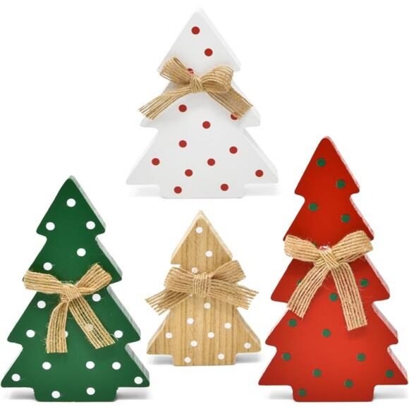 4 Christmas Trees Wooden Table Decorations Centerpiece Block Holiday - Picture 1 of 8